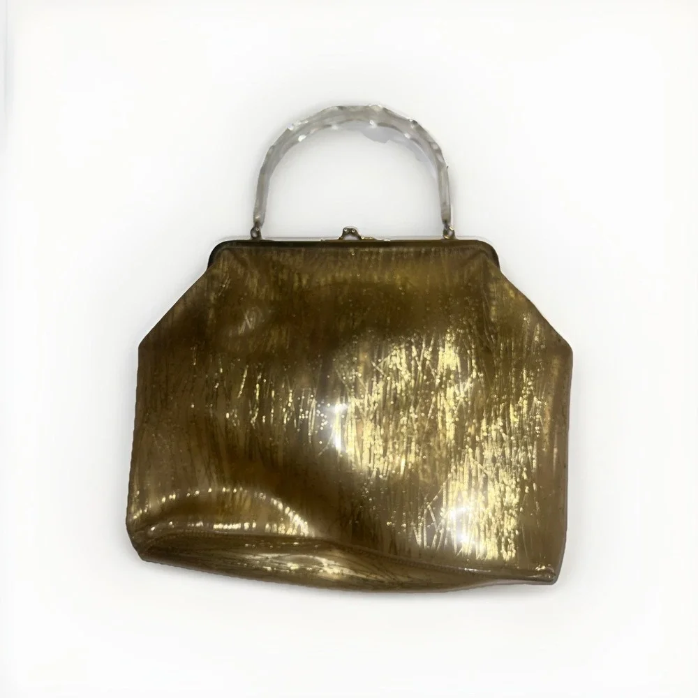 Vintage Kiss Lock Handbag Gold Vinyl Cocktail Party Trendy Y2K Date Night